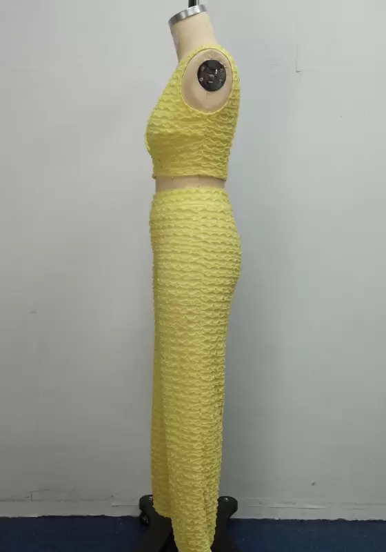 Yellow Textured Sleeveless Crop Top And High Waist Wide Leg Women