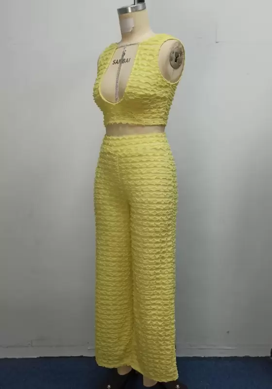 Yellow Textured Sleeveless Crop Top And High Waist Wide Leg Women