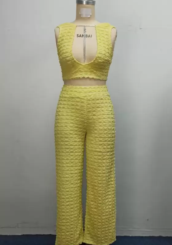 Yellow Textured Sleeveless Crop Top And High Waist Wide Leg Women