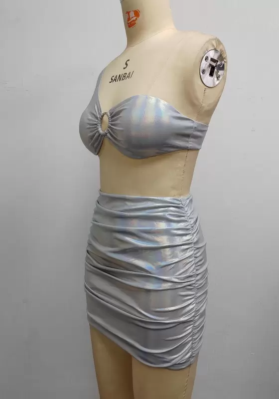 One Shoulder Ring Hollow Ruched Bodycon Mini Skirt Set Women