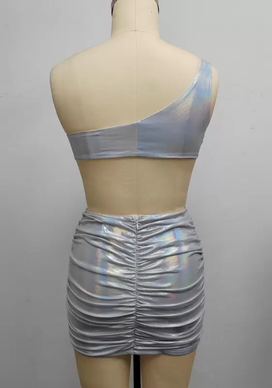 One Shoulder Ring Hollow Ruched Bodycon Mini Skirt Set Women