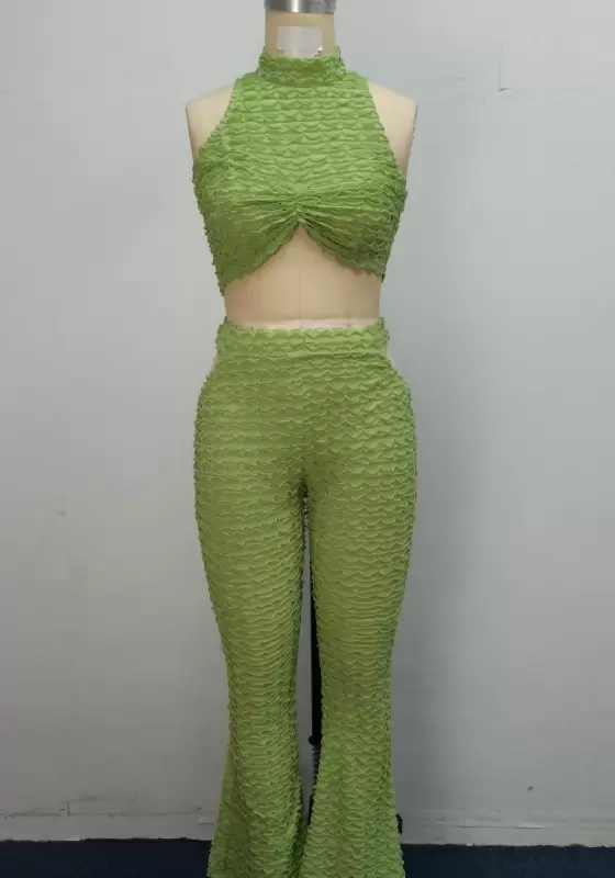 Ruched Crop Top With Halter Neck And High Waist Flared Pants Women
