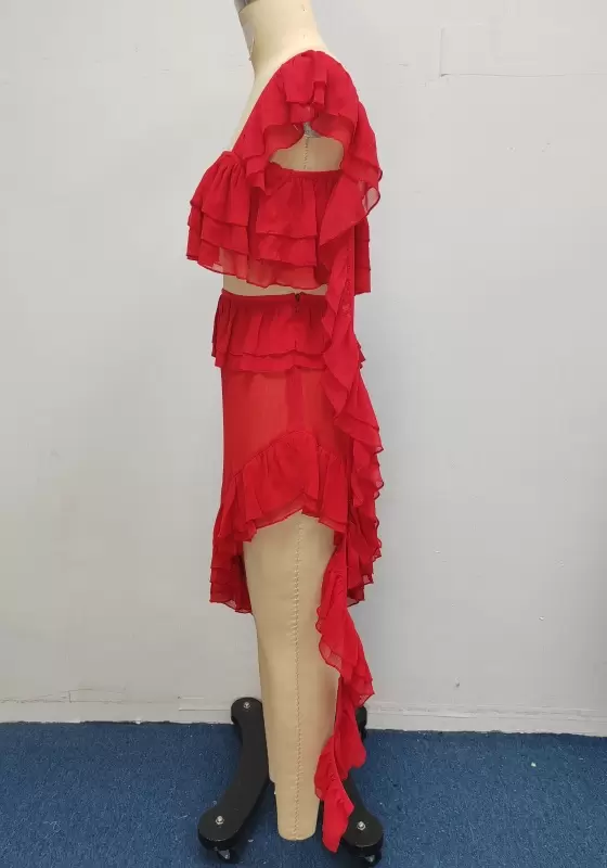 Women's Red Ruffle One Shoulder Crop Top & Asymmetrical High-Low Skirt