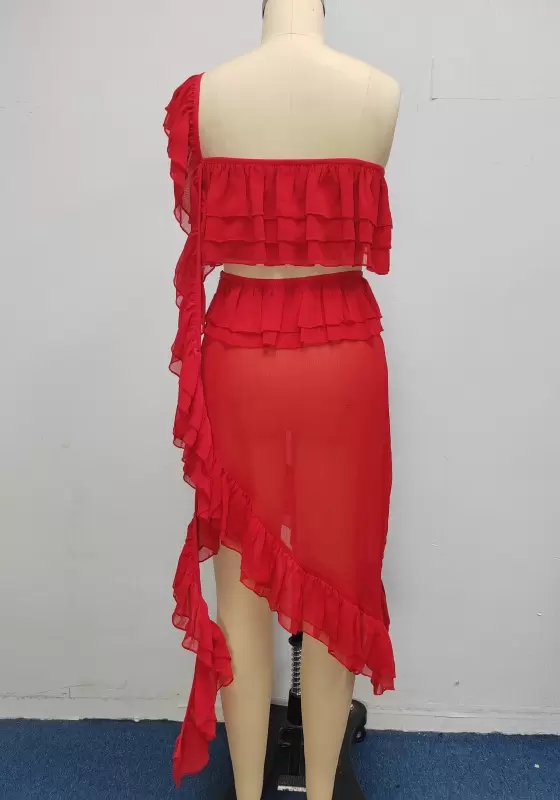 Women's Red Ruffle One Shoulder Crop Top & Asymmetrical High-Low Skirt