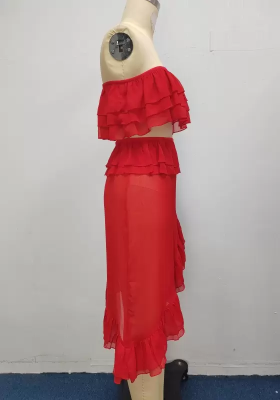 Women's Red Ruffle One Shoulder Crop Top & Asymmetrical High-Low Skirt