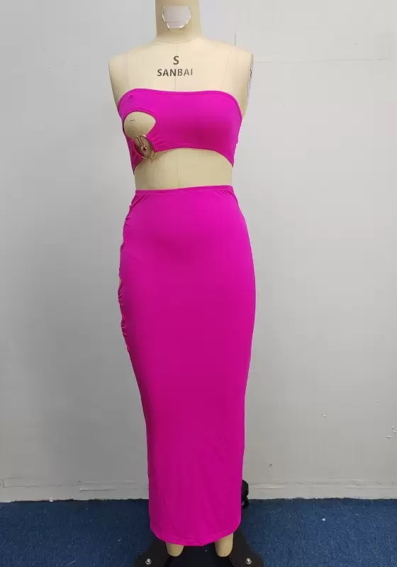 Hot Pink Cutout Strapless Ring High Waist Maxi Skirt Set  Women