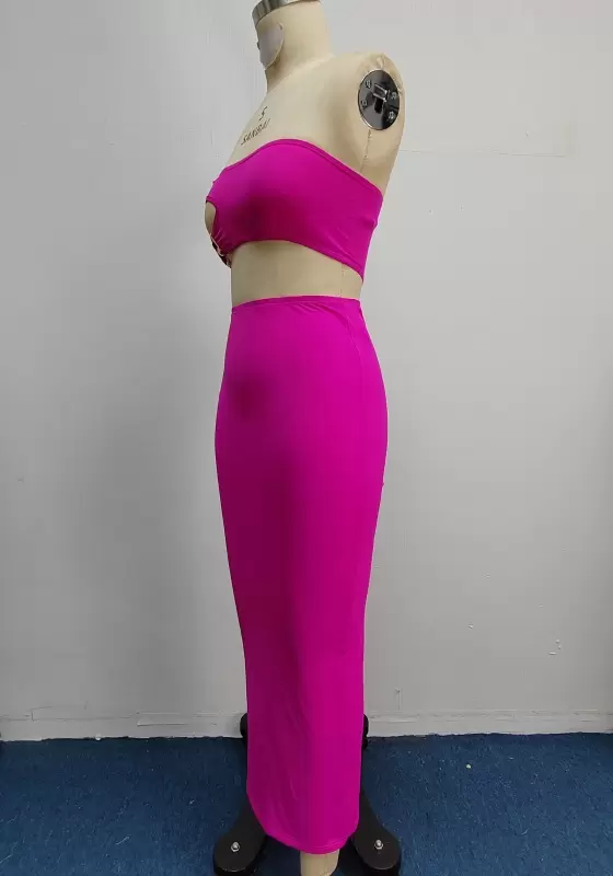 Hot Pink Cutout Strapless Ring High Waist Maxi Skirt Set  Women