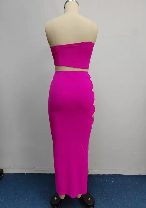 Hot Pink Cutout Strapless Ring High Waist Maxi Skirt Set  Women