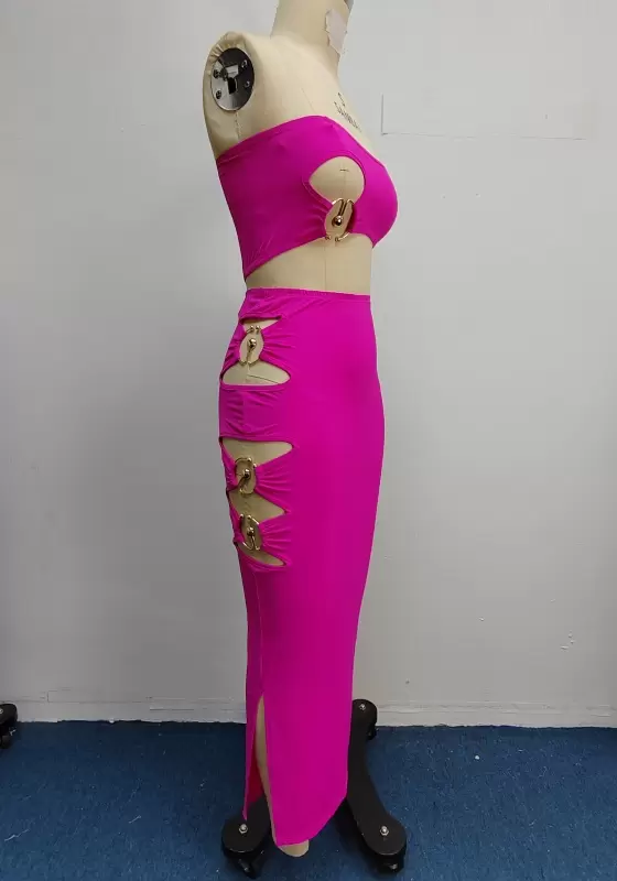 Hot Pink Cutout Strapless Ring High Waist Maxi Skirt Set  Women