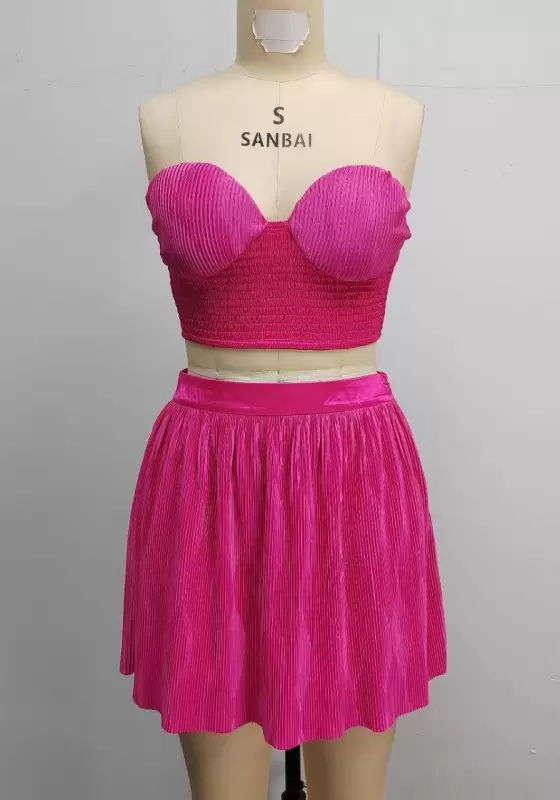 Pleated Strapless Smocked Crop Top And High Waist Mini Skirt Women
