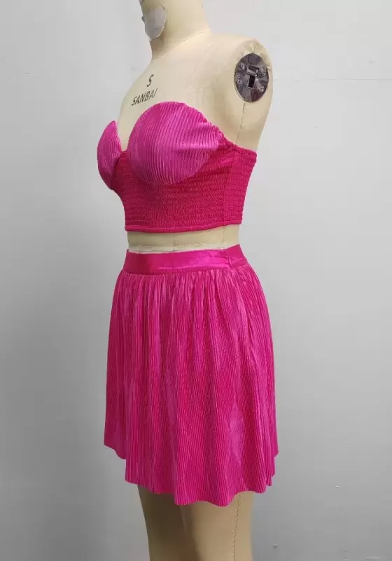 Pleated Strapless Smocked Crop Top And High Waist Mini Skirt Women