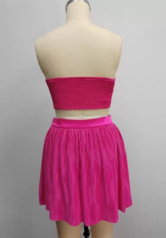 Pleated Strapless Smocked Crop Top And High Waist Mini Skirt Women