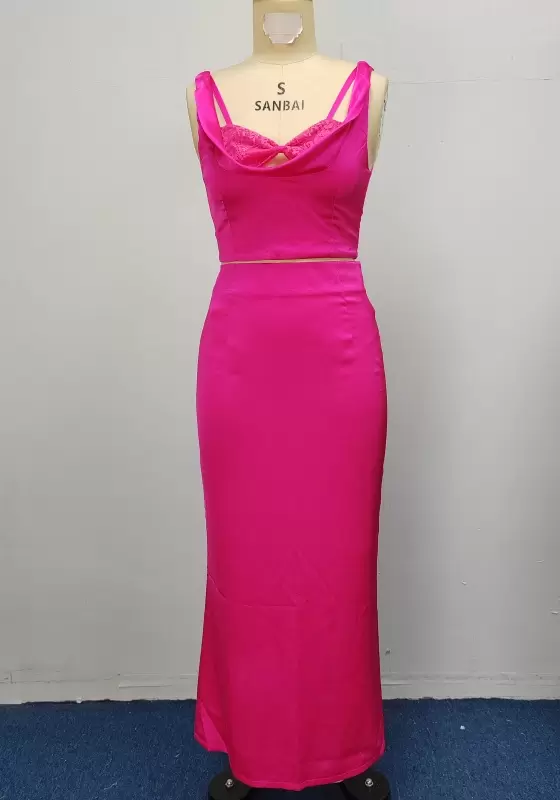 Lace Detail Crop Top And High Waist Maxi Skirt Women