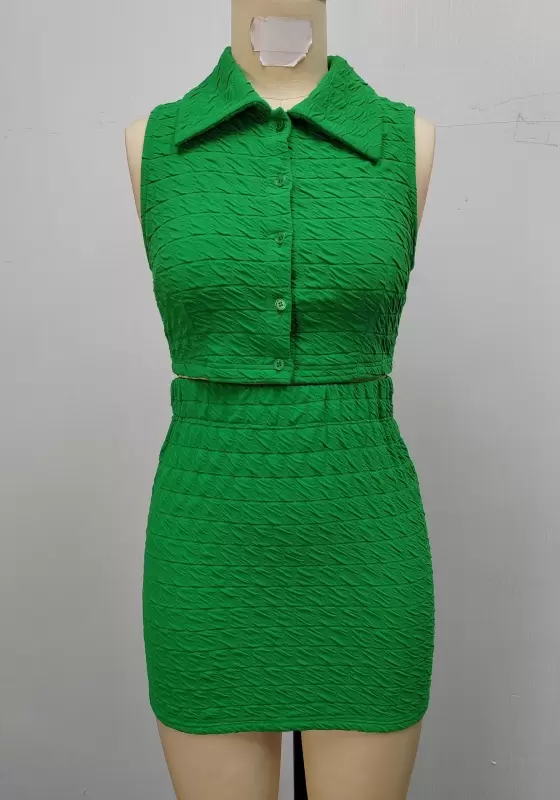 Textured Green Sleeveless High Waist Mini Skirt Set Women