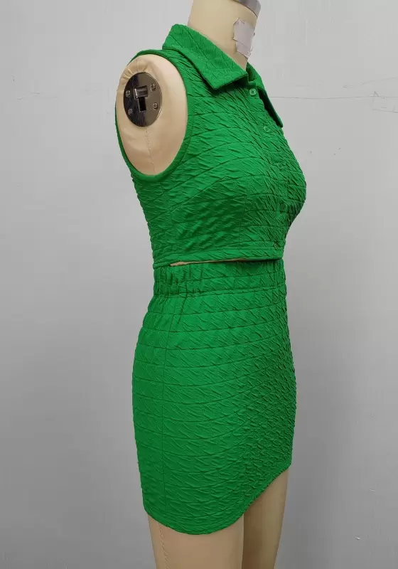 Textured Green Sleeveless High Waist Mini Skirt Set Women