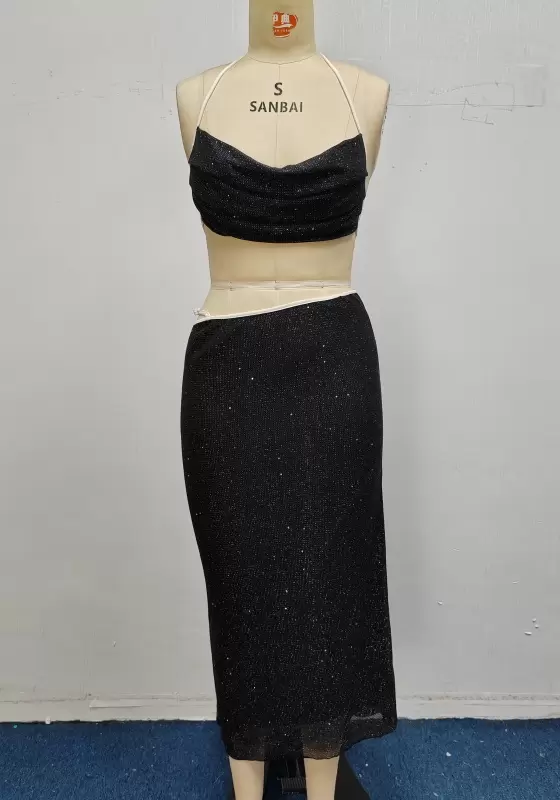 Sparkly Halter Backless Crop Top And High Waist Mesh Midi Skirt Set Women