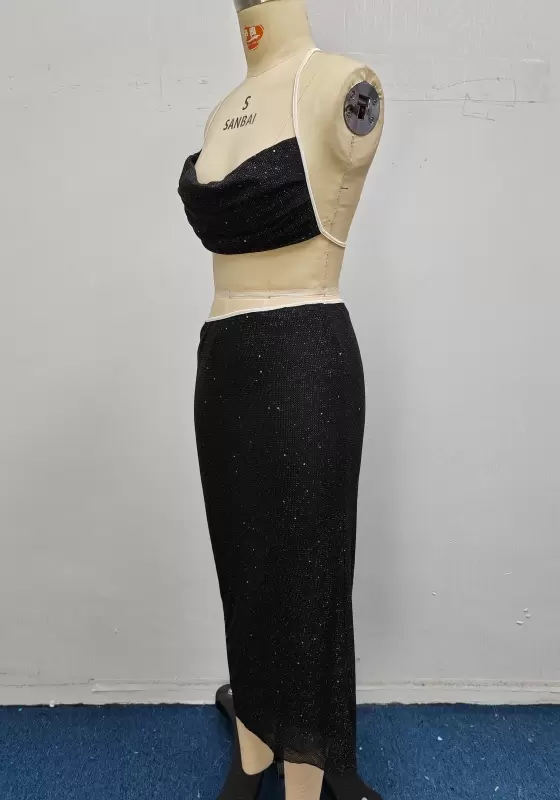 Sparkly Halter Backless Crop Top And High Waist Mesh Midi Skirt Set Women