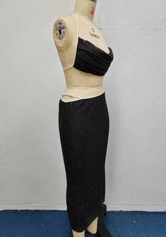 Sparkly Halter Backless Crop Top And High Waist Mesh Midi Skirt Set Women