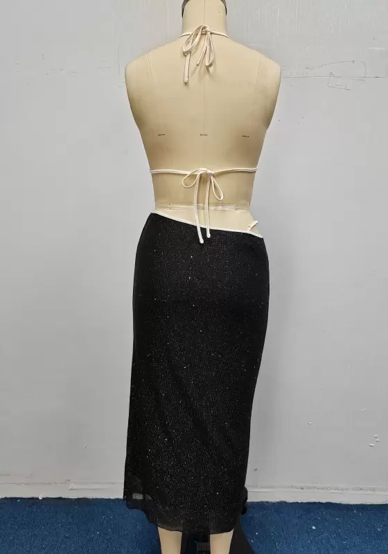 Sparkly Halter Backless Crop Top And High Waist Mesh Midi Skirt Set Women