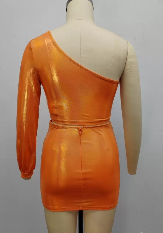 Women Metallic Orange One Shoulder Ruched Mini Skirt Set – Shiny Bodycon Party Outfit