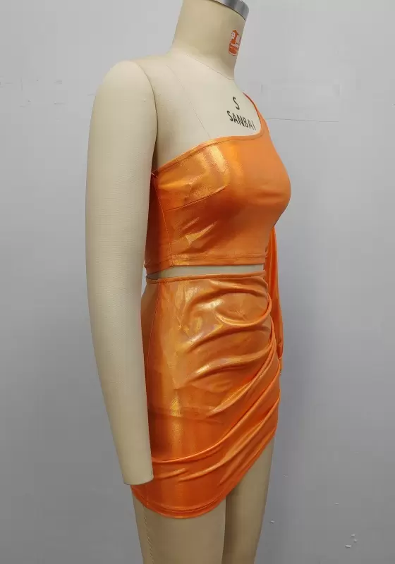 Women Metallic Orange One Shoulder Ruched Mini Skirt Set – Shiny Bodycon Party Outfit