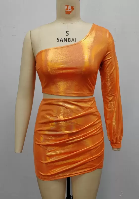 Women Metallic Orange One Shoulder Ruched Mini Skirt Set – Shiny Bodycon Party Outfit