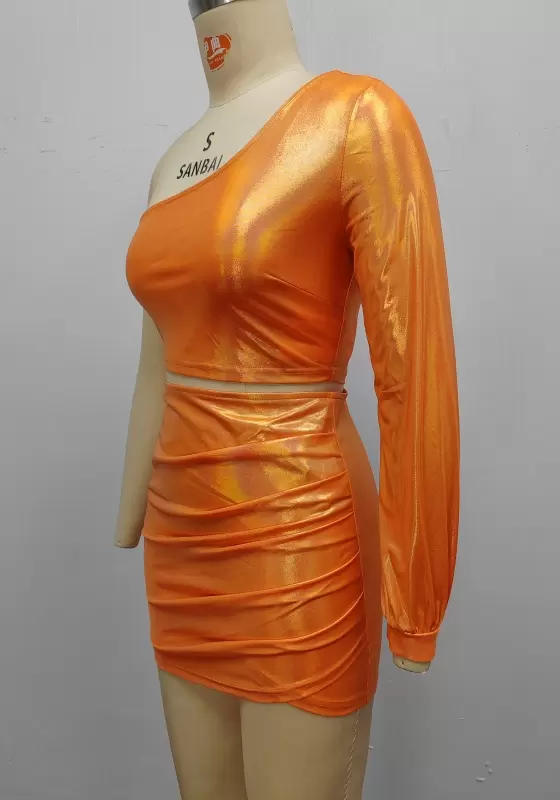 Women Metallic Orange One Shoulder Ruched Mini Skirt Set – Shiny Bodycon Party Outfit