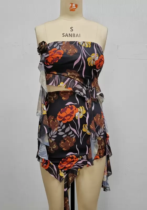 Floral Asymmetrical Cut Out Strapless Ruffle Hem Mini Skirt Set Women