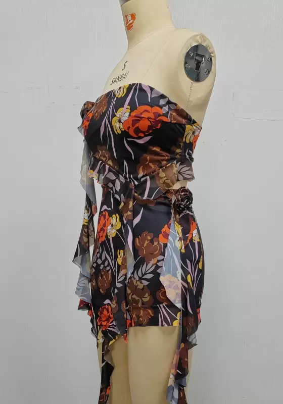 Floral Asymmetrical Cut Out Strapless Ruffle Hem Mini Skirt Set Women