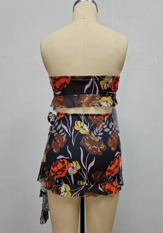 Floral Asymmetrical Cut Out Strapless Ruffle Hem Mini Skirt Set Women