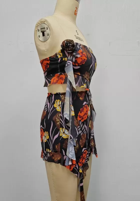 Floral Asymmetrical Cut Out Strapless Ruffle Hem Mini Skirt Set Women
