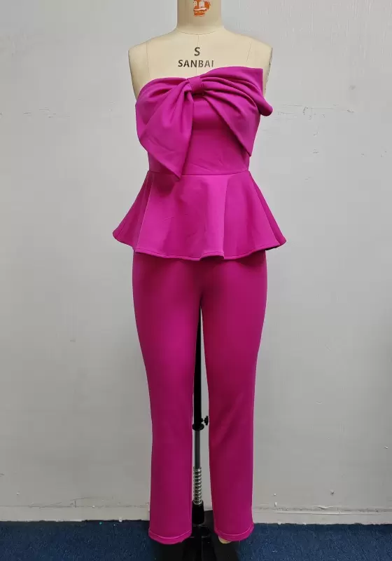 Women’s Strapless Peplum Jumpsuit with Oversized Front Bow – Elegant Fuchsia One-Piece Outfit