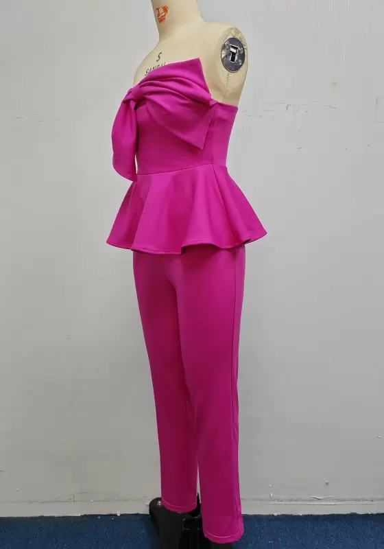 Women’s Strapless Peplum Jumpsuit with Oversized Front Bow – Elegant Fuchsia One-Piece Outfit