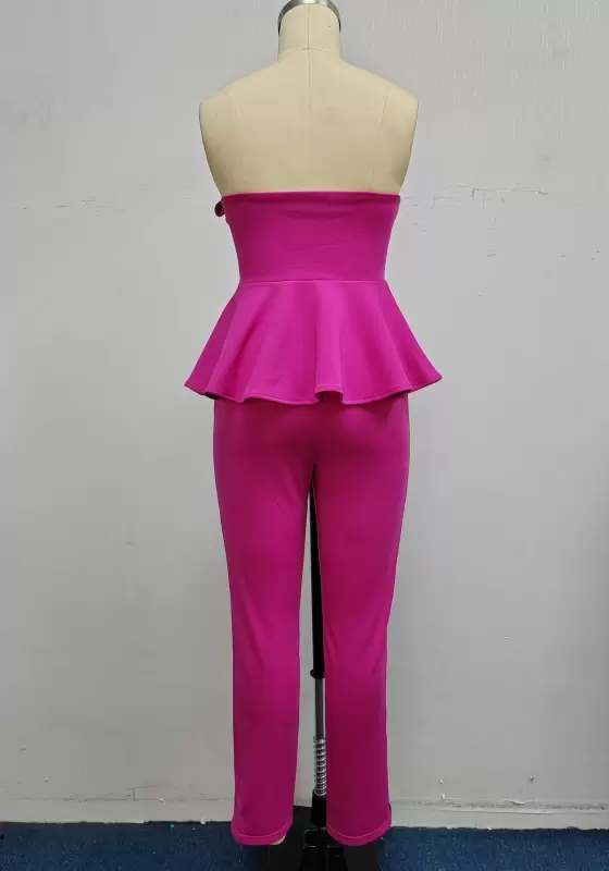 Women’s Strapless Peplum Jumpsuit with Oversized Front Bow – Elegant Fuchsia One-Piece Outfit