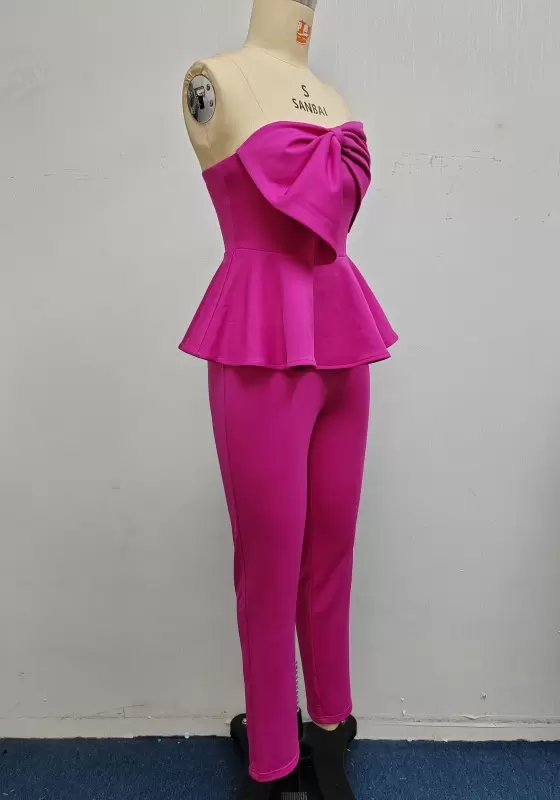 Women’s Strapless Peplum Jumpsuit with Oversized Front Bow – Elegant Fuchsia One-Piece Outfit