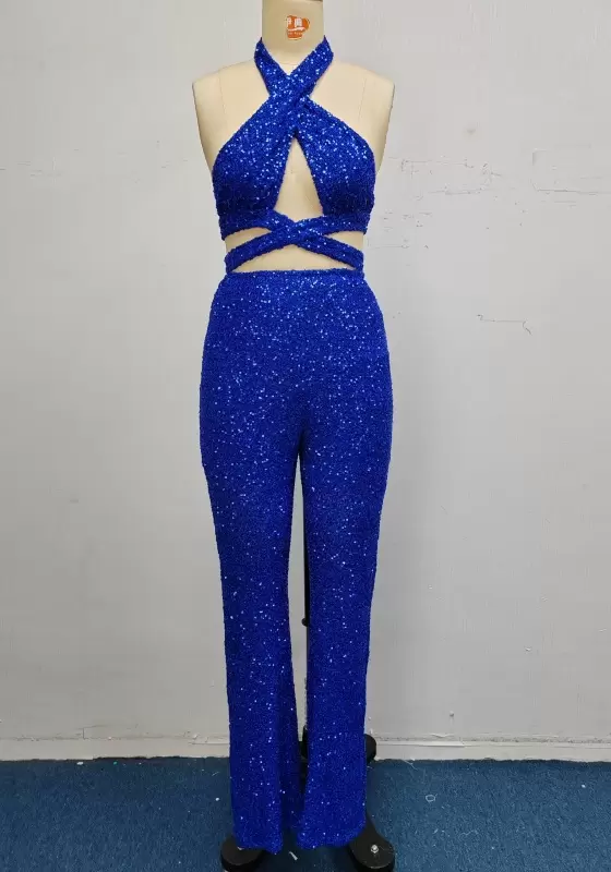 Sequin Halter Neck Cut Out Design High Waist Flared Pants Set