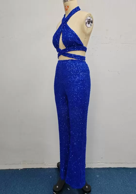 Sequin Halter Neck Cut Out Design High Waist Flared Pants Set