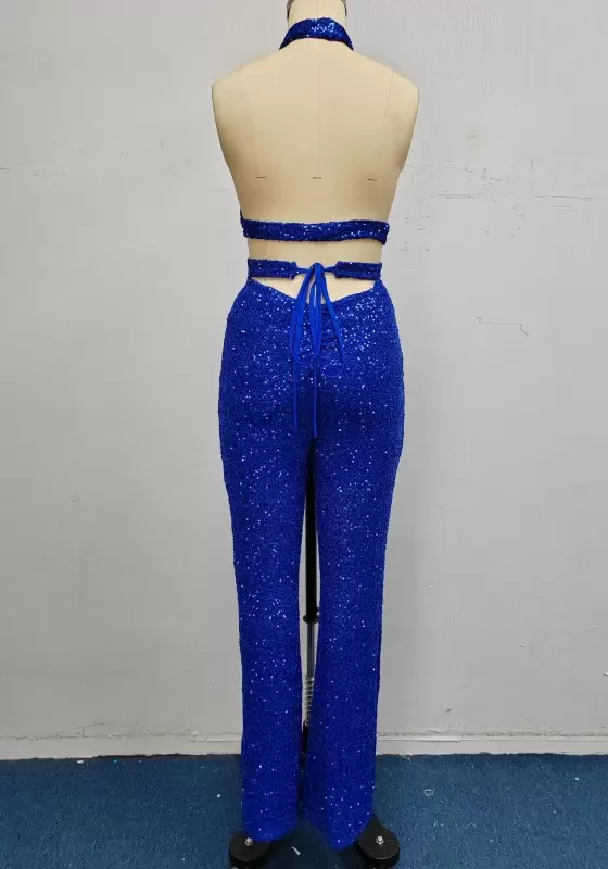 Sequin Halter Neck Cut Out Design High Waist Flared Pants Set