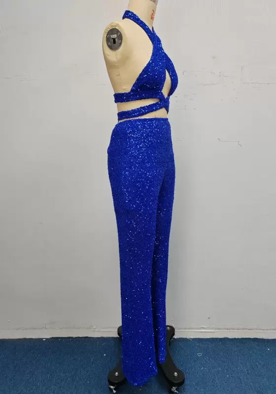 Sequin Halter Neck Cut Out Design High Waist Flared Pants Set