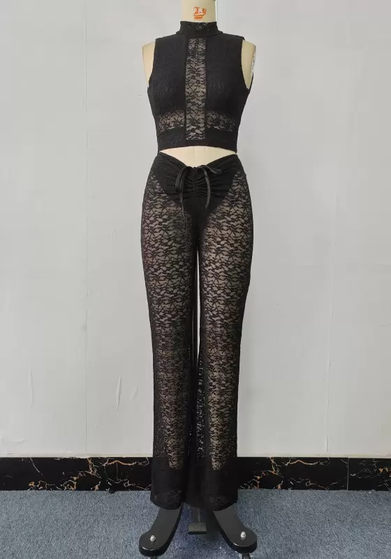 Sleeveless Backless Lace High Waist Tie Front Detail Pants Set Women
