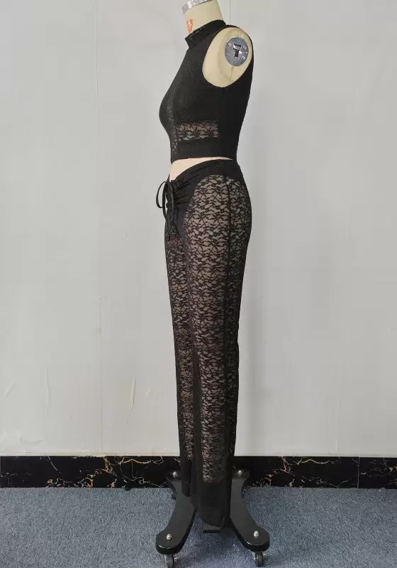 Sleeveless Backless Lace High Waist Tie Front Detail Pants Set Women