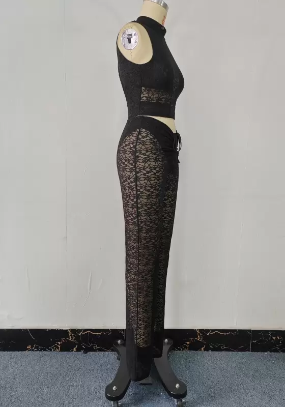 Sleeveless Backless Lace High Waist Tie Front Detail Pants Set Women