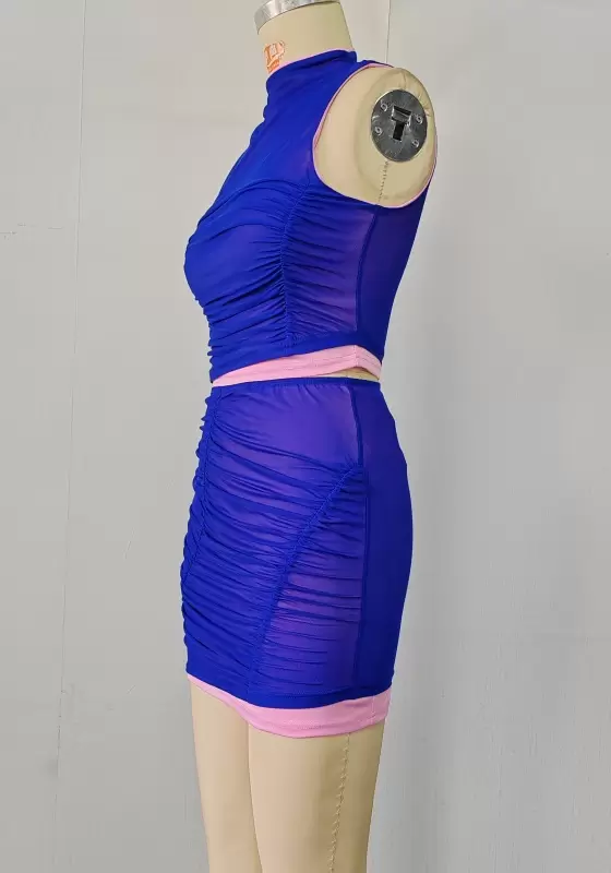 Sleeveless Ruched Bright Blue Mesh Mini Skirt Set Women