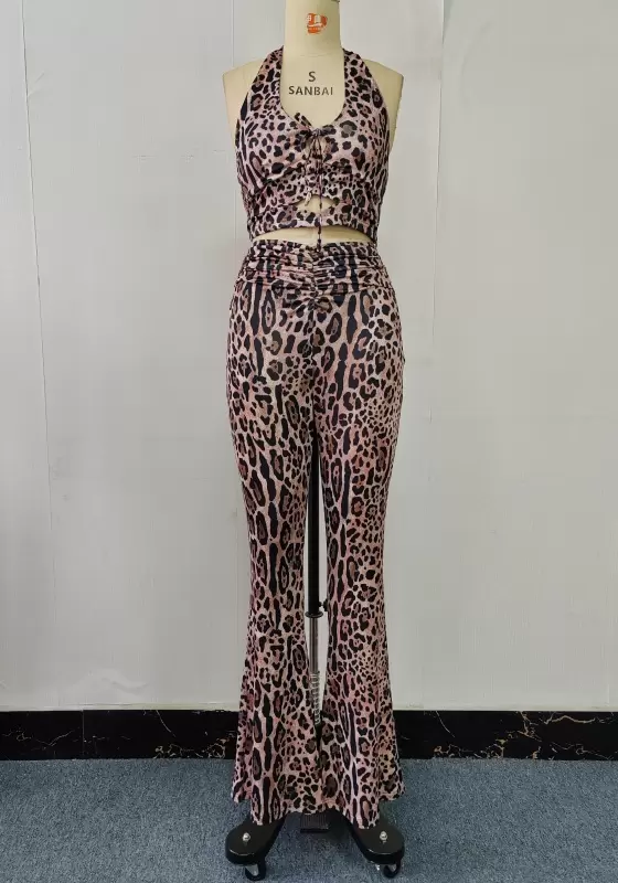 Leopard Print Halter Front Tie Detail Flare Pants Set Women