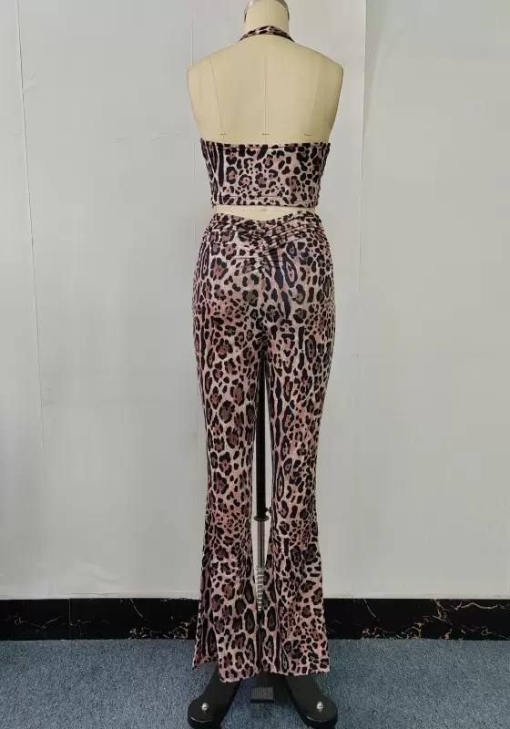 Leopard Print Halter Front Tie Detail Flare Pants Set Women