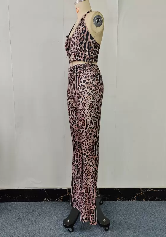 Leopard Print Halter Front Tie Detail Flare Pants Set Women
