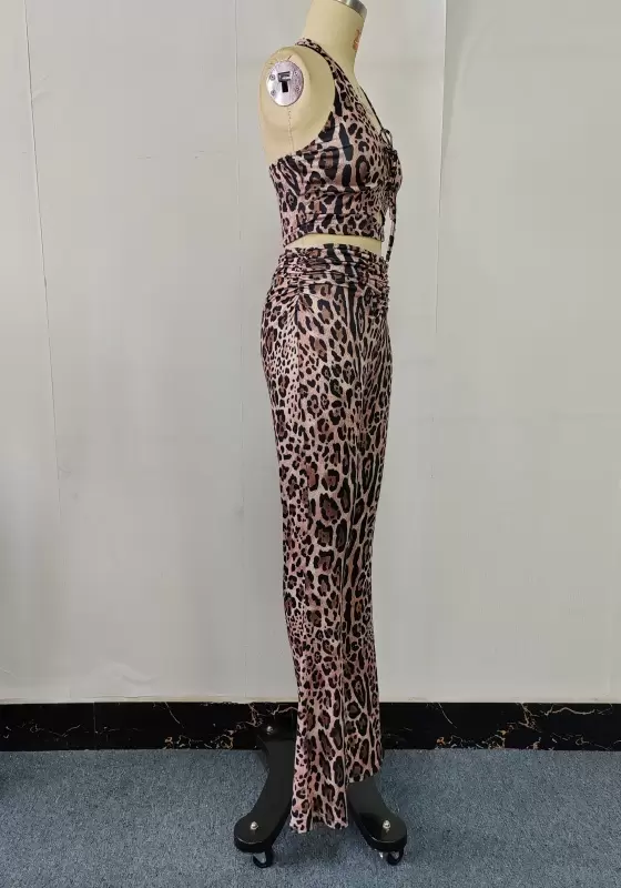 Leopard Print Halter Front Tie Detail Flare Pants Set Women