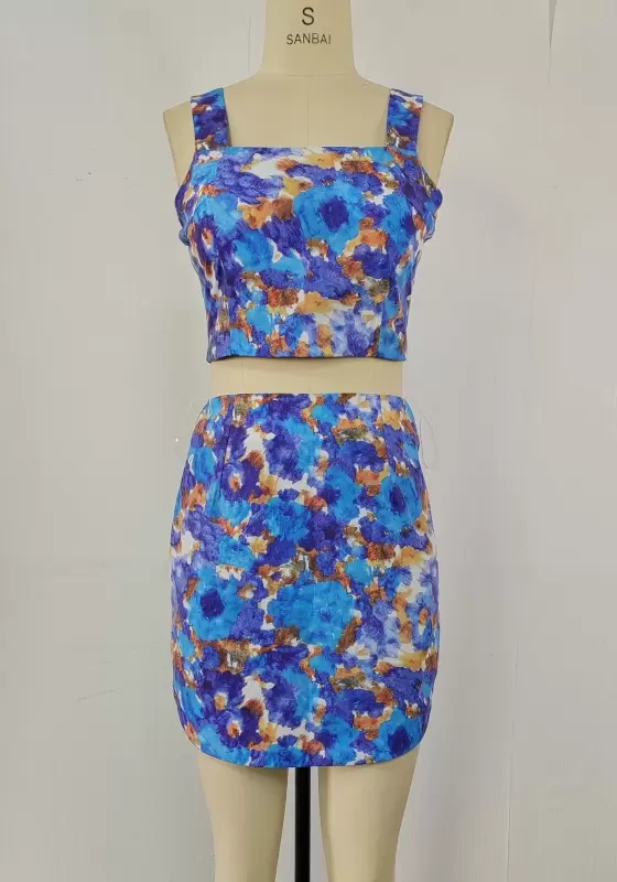  Floral Print Square Neck Crop Top & High Waist Mini Skirt Set Women