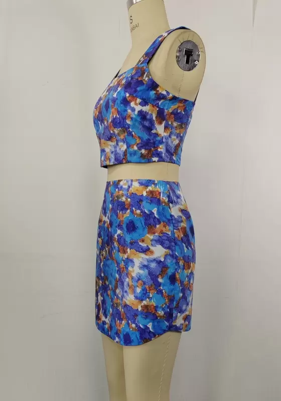  Floral Print Square Neck Crop Top & High Waist Mini Skirt Set Women