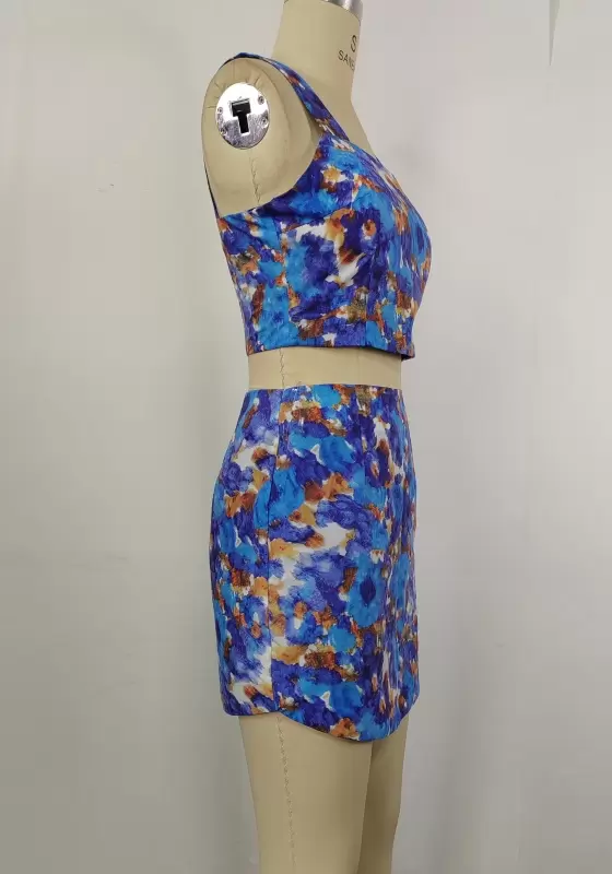  Floral Print Square Neck Crop Top & High Waist Mini Skirt Set Women
